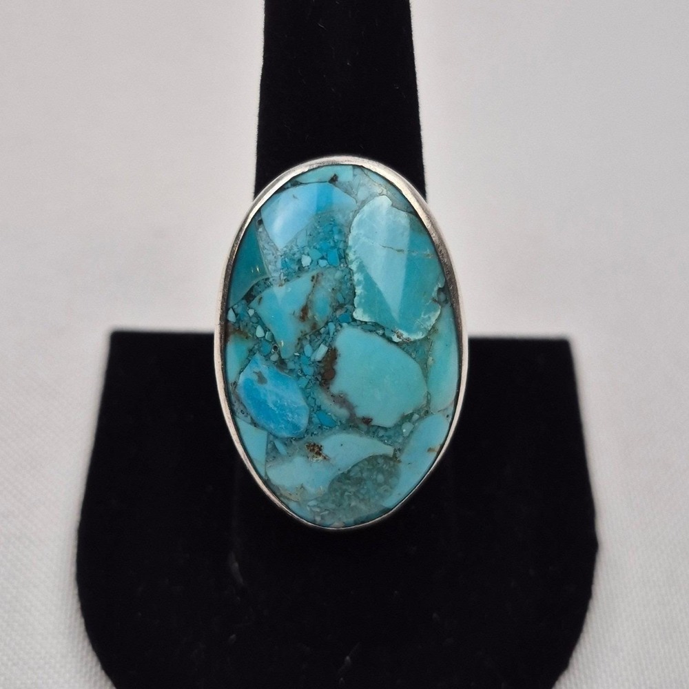 Sterling Silver Turquoise Ring Size 8.5 Statement Floral Scroll Boho 925 Signed - Picture 3 of 12